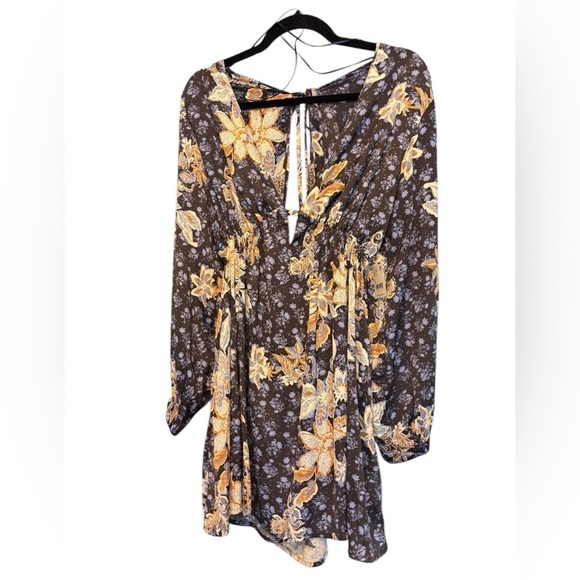 NWT Free People Soli Mini Night Combo Silk Dress Long Sleeve Short Print Size Sm - Picture 2 of 6